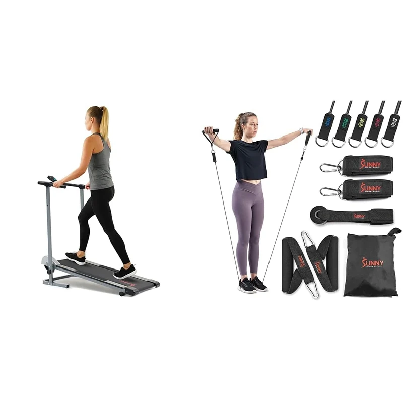 Sunny Health & Fitness Foldable Manual Treadmill, Compact Cardio Fitness + Premium Resistance Band Set With Door Anchors, Wrist Straps, Handles & Carry Bag