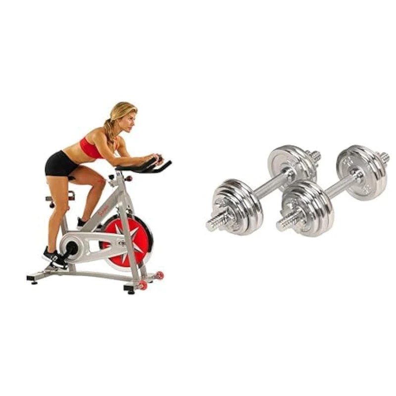 Sunny Health and Fitness Indoor Studio Cycle Pro Exercise Bike with 18 KG Flywheel + Adjustable 15 KG Dumbbell Set W/Carry Case, Space Saver, Secure Quick-Lock, Anti-Slip Steel Handle