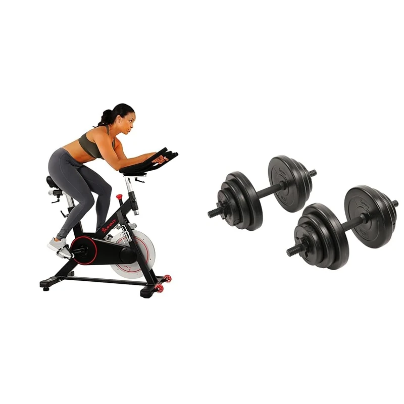 Sunny Health and Fitness Indoor Cycling Wheel W/Magnetic Belt Drive, 136kg Max Weight + Exercise Vinyl 18 KG Dumbbell Set Hand Weights for Strength Training, Weight Loss, Workout Bench