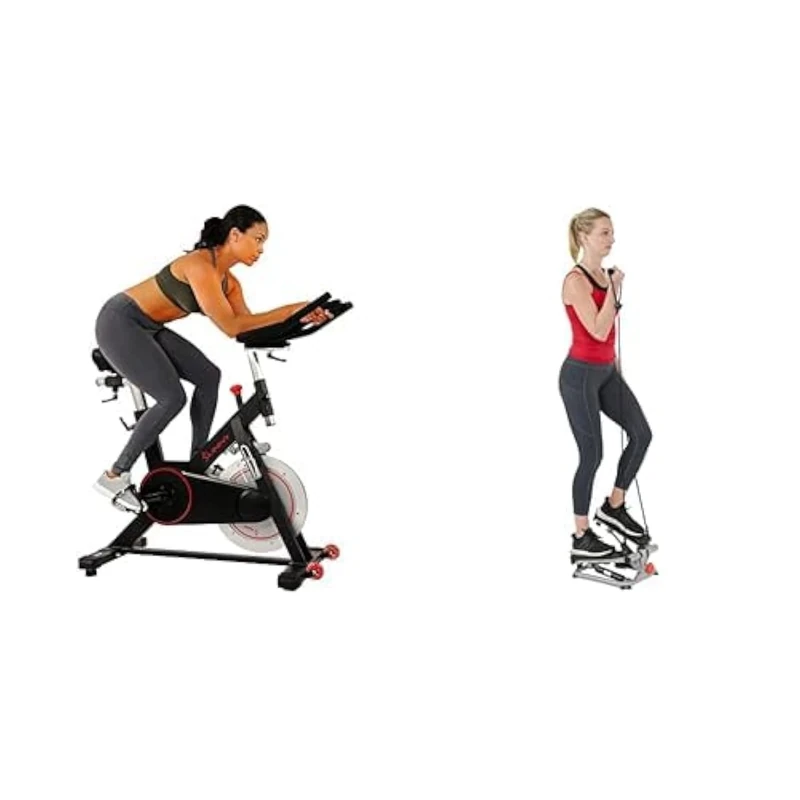 Sunny Health & Fitness Advanced Mini Home Steppers with Resistance Bands - SF-S0978 + Indoor Cycling Wheel with Magnetic Belt Drive, 136kg Max Weight, Adjustable Saddle & Handlebar