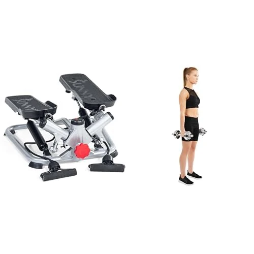Sunny Health & Fitness Advanced Twist Stepper Machine with Resistance Bands - SF-S0979 + Adjustable 15 KG Dumbbell Set w/Carry Case, Space Saver, Secure Quick-Lock, Anti-Slip Steel Handle