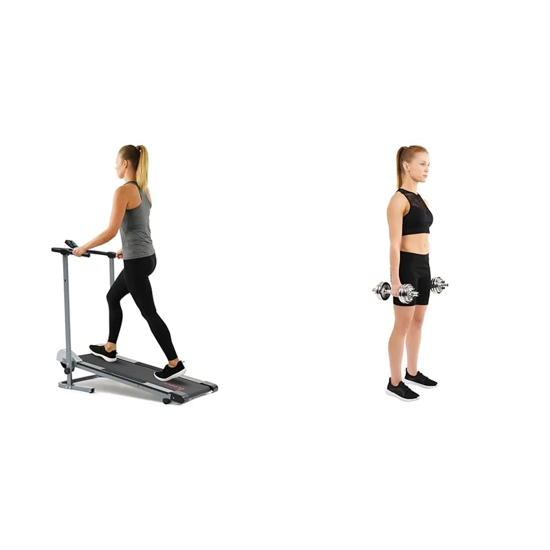 Sunny Health & Fitness Foldable Manual Treadmill, Compact Cardio Fitness + Adjustable 15 KG Dumbbell Set with Carry Case, Space Saver, Secure Quick-Lock, Anti-Slip Steel Handle