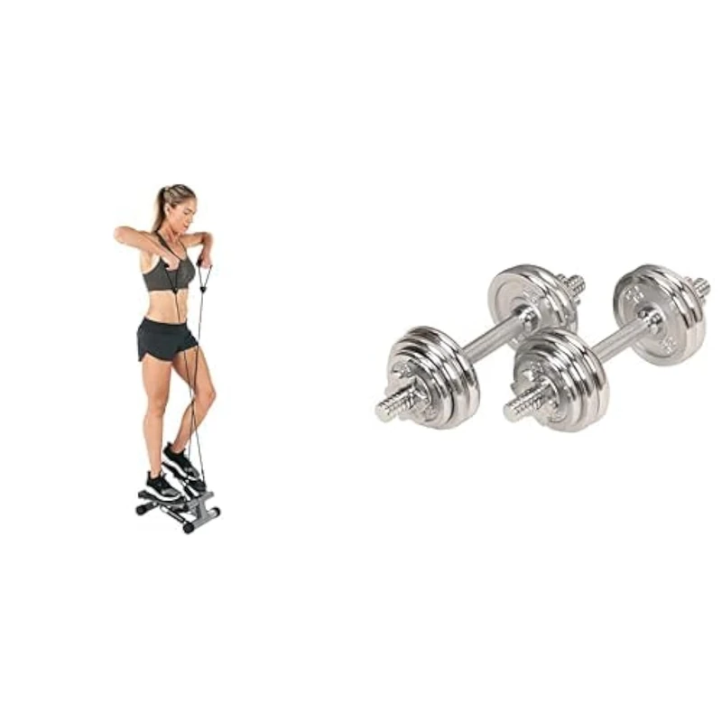 Sunny Health & Fitness Mini Stepper Machine with Resistance Bands, Air Climber Stepping Fitness Machine for Home Workout+Adjustable 15 KG Dumbbell Set with Carry Case,Anti-Slip Steel Handle