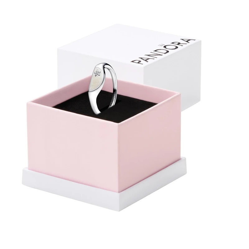 Pandora ME Halved signet sterling silver ring with clear cubic zirconia and shimmering white enamel, 60