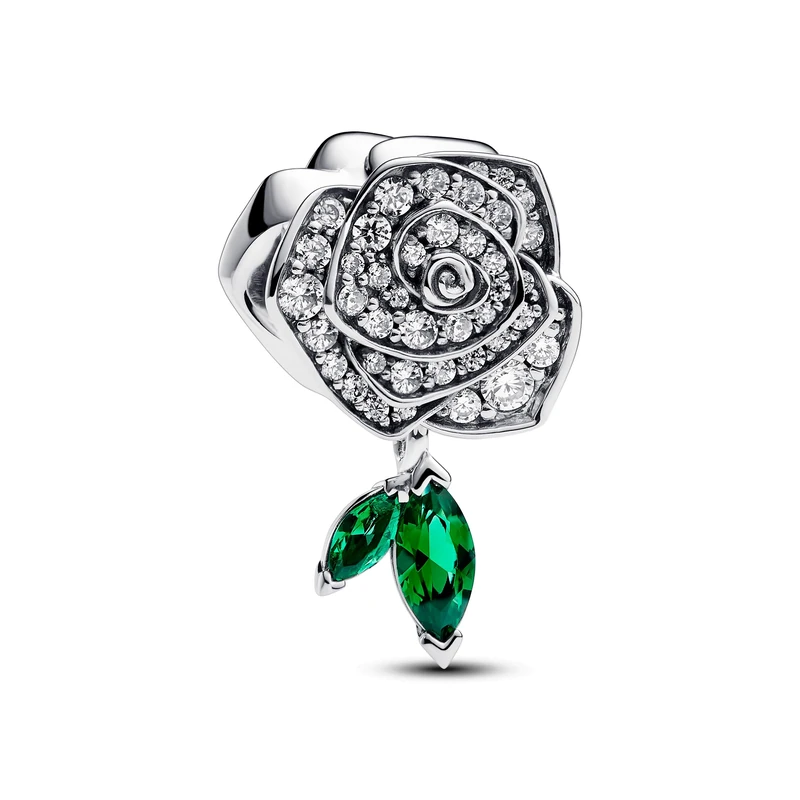 Pandora Moments Rose sterling silver charm with clear cubic zirconia and royal green crystal