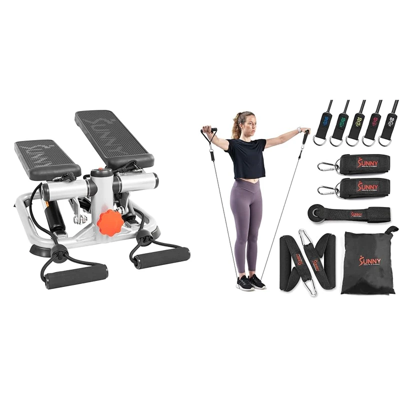 Sunny Health & Fitness Advanced Mini Home Steppers with Resistance Bands - SF-S0978 + Premium Resistance Band Set With Door Anchors, Wrist Straps, Handles & Stretch Band