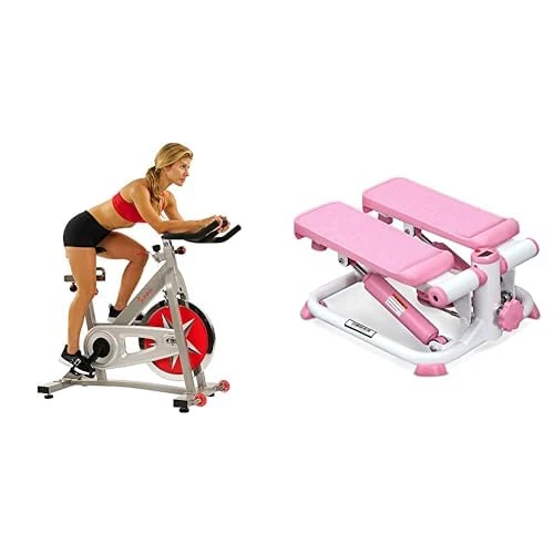 Sunny Health & Fitness Exercise Stepping Machine, Portable Mini Stair Stepper for Home or Office Workouts + Indoor Studio Cycle Pro Exercise Bike with 18 KG Flywheel and Chain Drive