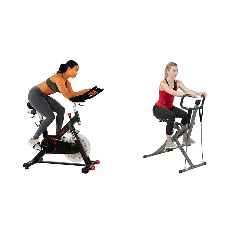 Sunny Health and Fitness Indoor Cycling Wheel W/Magnetic Belt Drive, 136kg Max Weight + Row-N-Ride™ PRO Squat Assist Trainer, Rowing Machine w/Digital Monitor & Resistance Bands