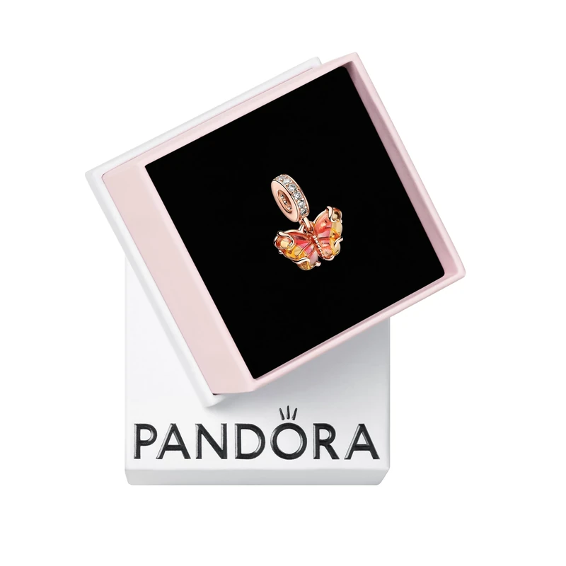Pandora Moments Butterfly 14k rose gold-plated dangle with bi-colour orange and pink Murano glass and clear cubic zirconia