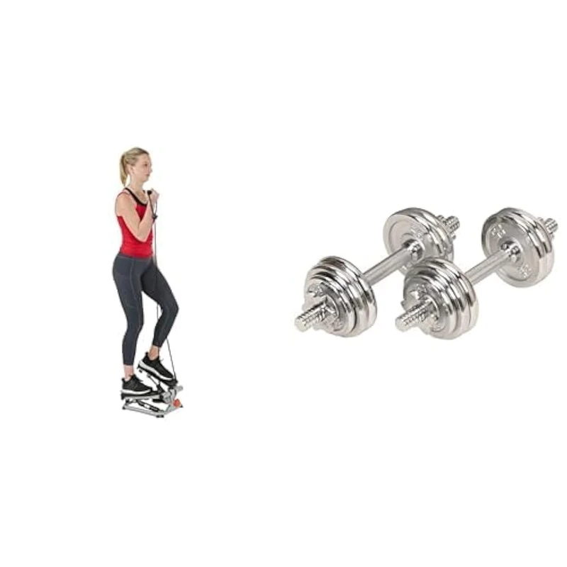 Sunny Health & Fitness Advanced Mini Home Steppers with Resistance Bands - SF-S0978 + Adjustable 15 KG Dumbbell Set w/Carry Case, Space Saver, Secure Quick-Lock, Anti-Slip Steel Handle