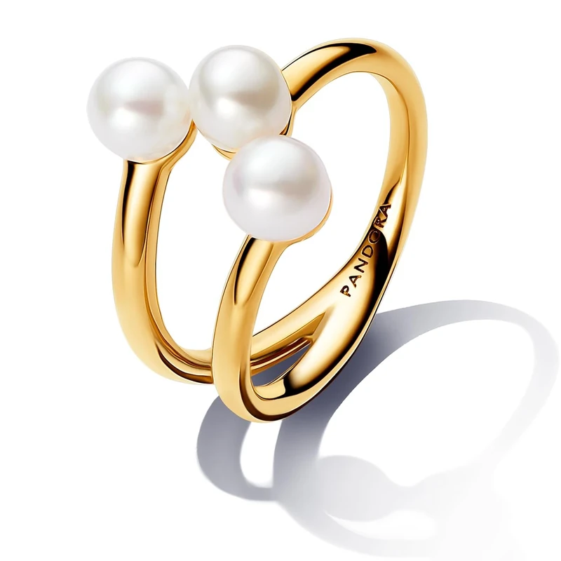 Pandora Essence 14k Gold-plated open ring with white treated freshwater cultured pearl, 52