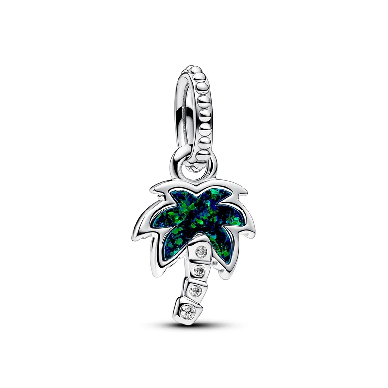 Pandora Moments Palm tree sterling silver dangle with green blue lab-created opal and clear cubic zirconia