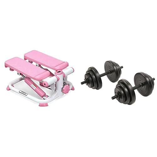 Sunny Health & Fitness Exercise Stepping Machine, Portable Mini Stair Stepper for Home or Office Workouts + Exercise Vinyl 18 KG Dumbbell Set Hand Weights for Strength Training - NO.087