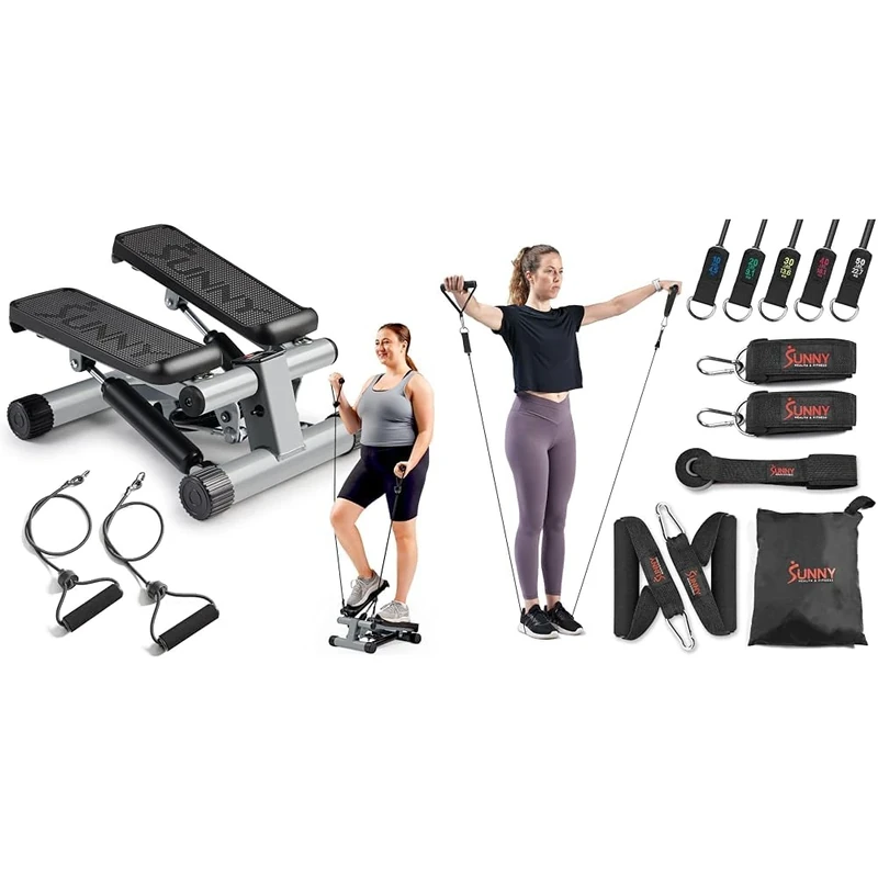 Sunny Health & Fitness Mini Stepper Machine with Resistance Bands, Air Climber Stepping Fitness Machine for Home Workout+Premium Resistance Band Set With Door Anchors, Wrist Straps, Handle & Carry Bag