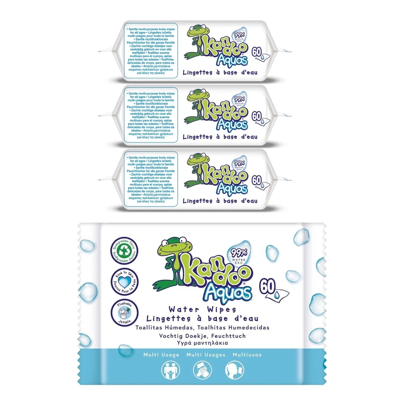 Kandoo Aquas 99% Water Based Flushable Moist Toilet Wipes, 4 x 60 Wipes (Total 240), Biodegradable, Plastic Free, Wet Toilet Tissues for Toddlers, 0% Perfume, Multipack