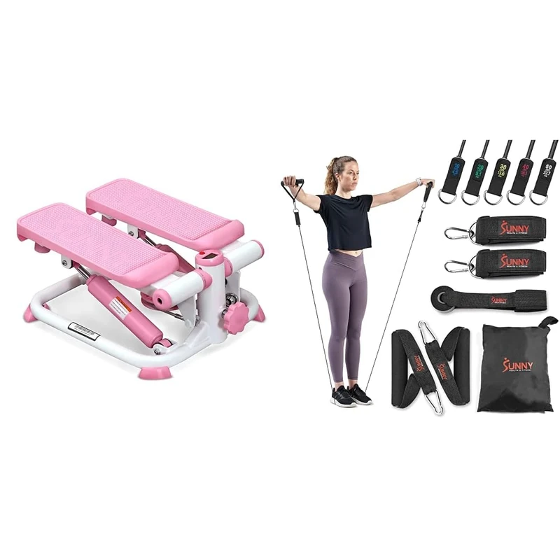 Sunny Health & Fitness Exercise Stepping Machine, Portable Mini Stair Stepper for Home or Office Workouts + Premium Resistance Band Set With Door Anchors, Wrist Straps, Handles & Stretch Band
