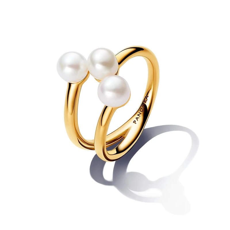 Pandora Essence 14k Gold-plated open ring with white treated freshwater cultured pearl, 54