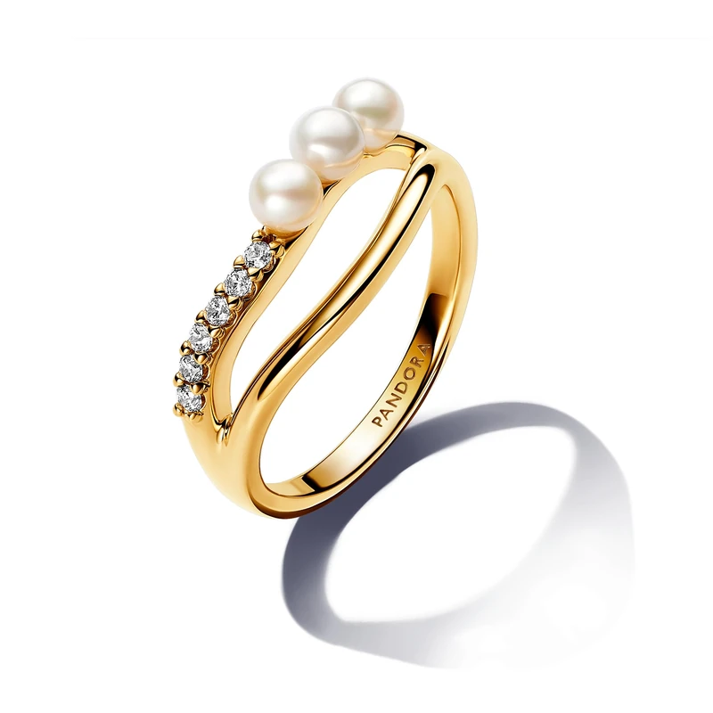 Pandora Essence 14k Gold-plated ring with white treated freshwater cultured pearl and clear cubic zirconia, 54