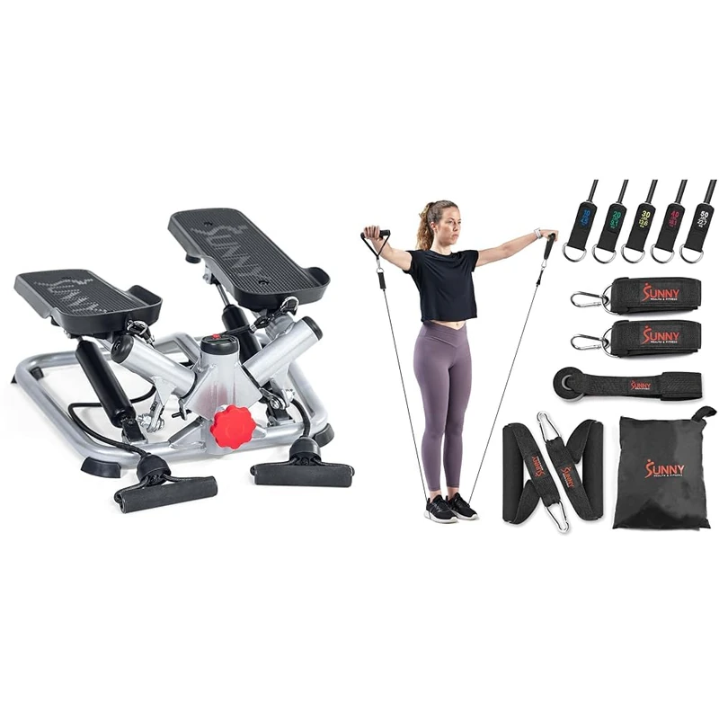 Sunny Health & Fitness Advanced Twist Stepper Machine with Resistance Bands - SF-S0979 + Premium Resistance Band Set With Door Anchors, Wrist Straps, Handles & Stretch Band