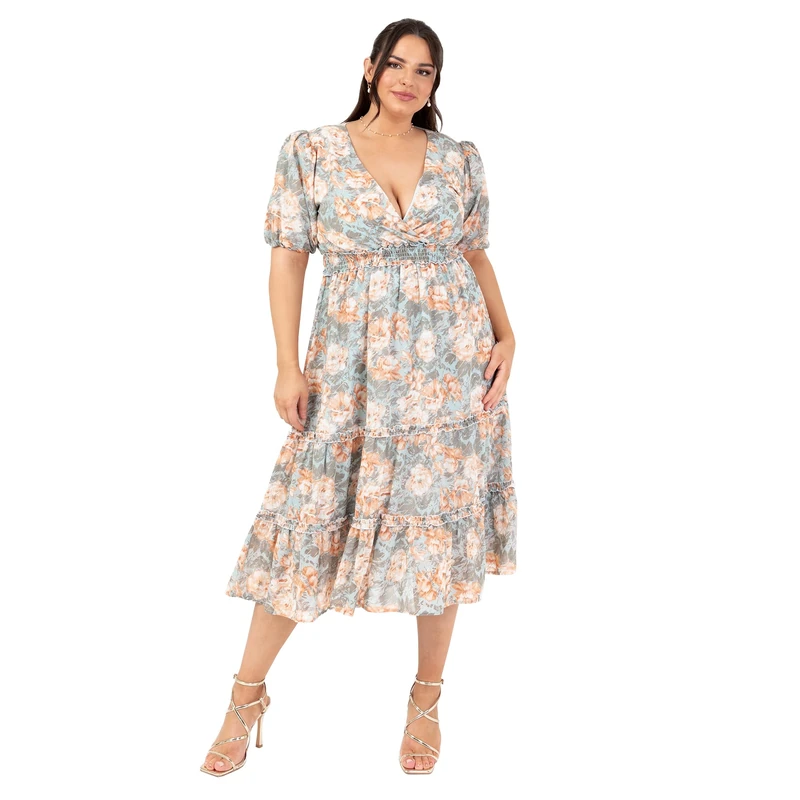 Lovedrobe Women's Midi Dress V-Neck Short Puff Sleeve Wrap Shirred Waist Floral Print Ruffle Fit and Flare Wedding Guest Apricot 40, Apricot, 14
