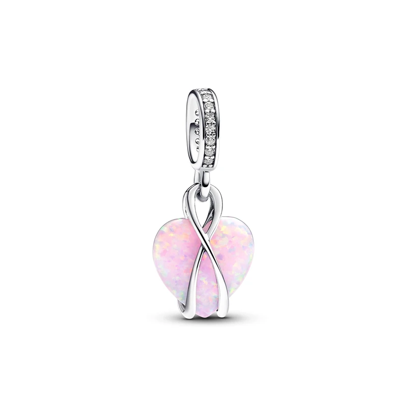 Pandora Moments Mom heart sterling silver dangle with pink lab-created opal and clear cubic zirconia