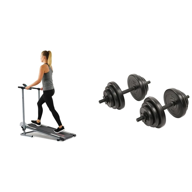 Sunny Health & Fitness Foldable Manual Treadmill, Compact Cardio Fitness + Exercise Vinyl 18 KG Dumbbell Set Hand Weights for Strength Training, Weight Loss, Workout Bench
