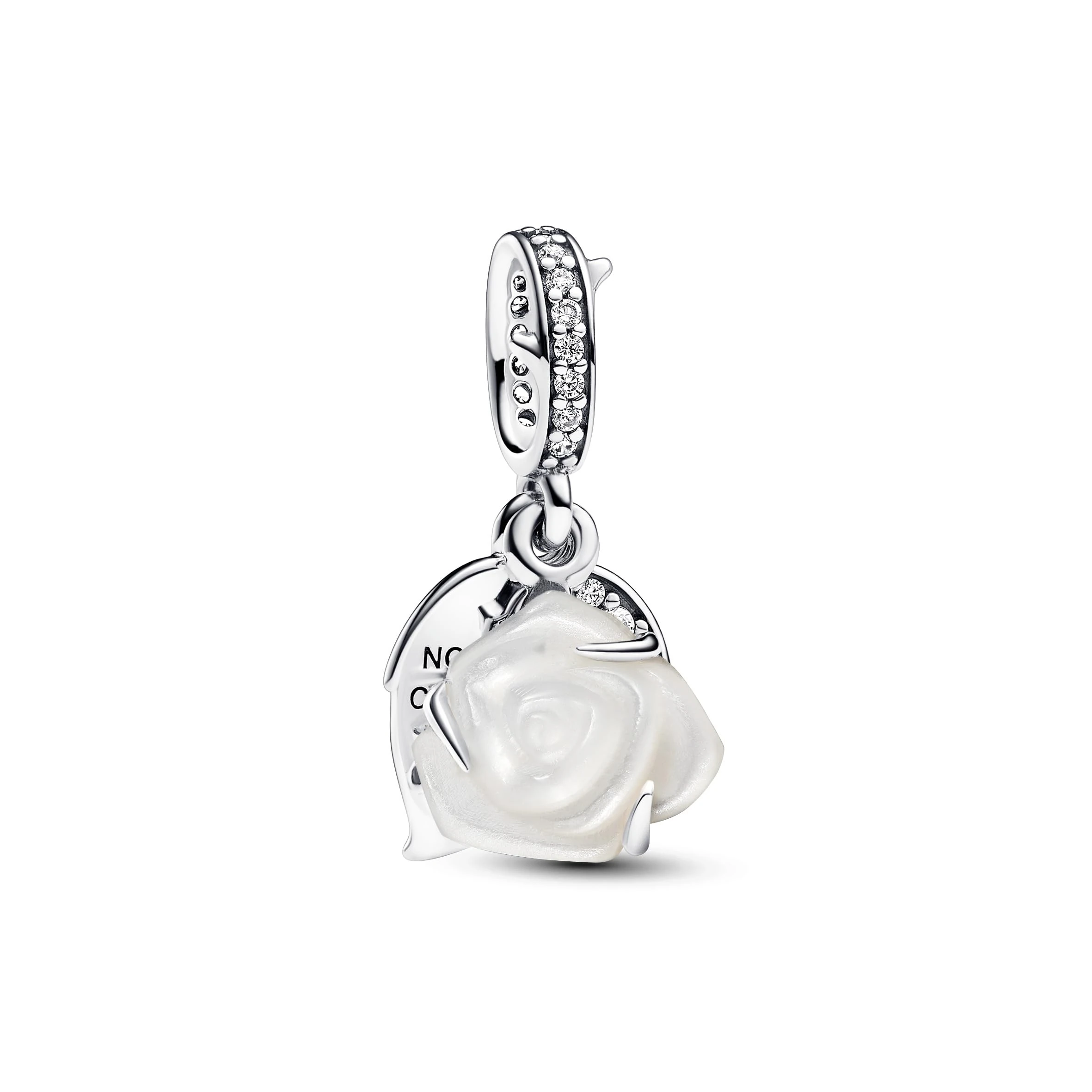 Pandora Moments White rose sterling silver double dangle with white bioresin man-made mother of pearl and clear cubic zirconia