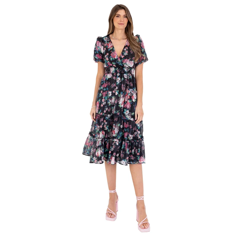 Lovedrobe Women's Ladies Midi Dress V-Neck Short Puff Sleeve Wrap Shirred Waist Floral Print Ruffle Fit and Flare Wedding Guest Black 20