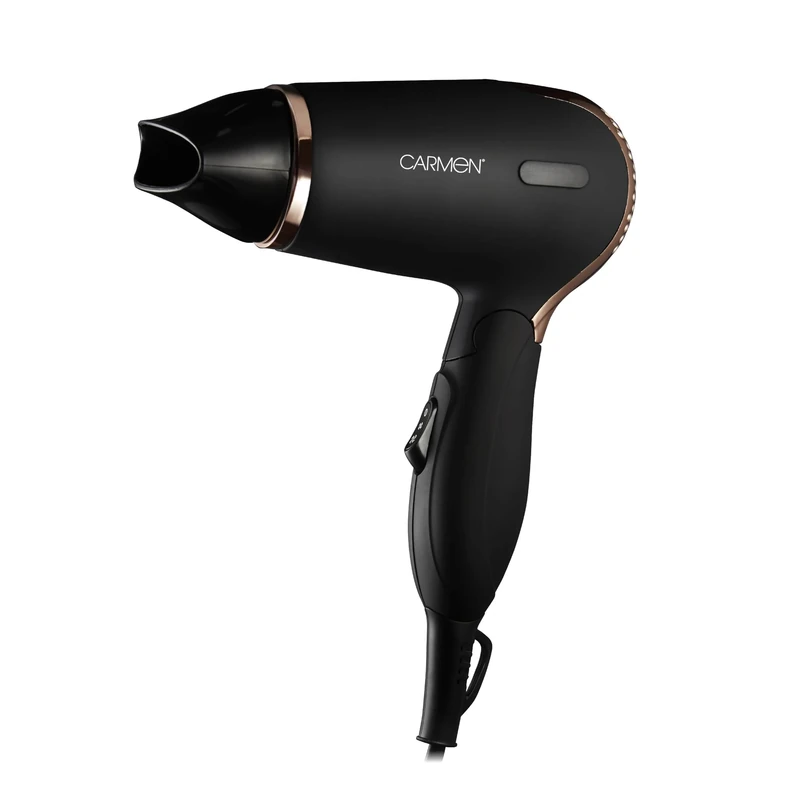 Carmen Noir Lightweight Travel Hair Dryer with Concentrator Nozzle and Foldable Handle, Travel Bag, Luxury Soft Touch Finish 1200W, Black and Copper C80020COP
