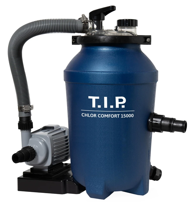 T.I.P. 2in1 Pool Filter Set - Chlorine dosing device (includes filter balls, 15 m³ pool, integrated chlorine dosing device, flow rate 4,000 l/h) ChlorComfort 15000, 30302