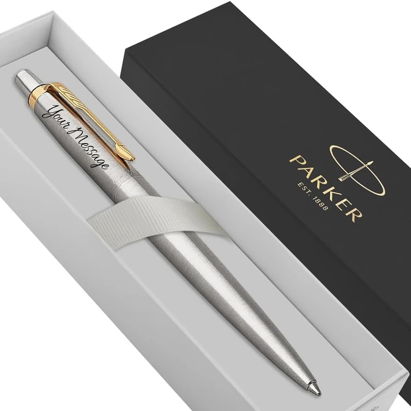 Parker Jotter Stainless Steel personalised parker pen engraved In Classy Gift Box Ideal Valentine's day, Birthday or Fathers Day Gift Perfect For Men & Women With Laser Engraving (Silver & Gold)