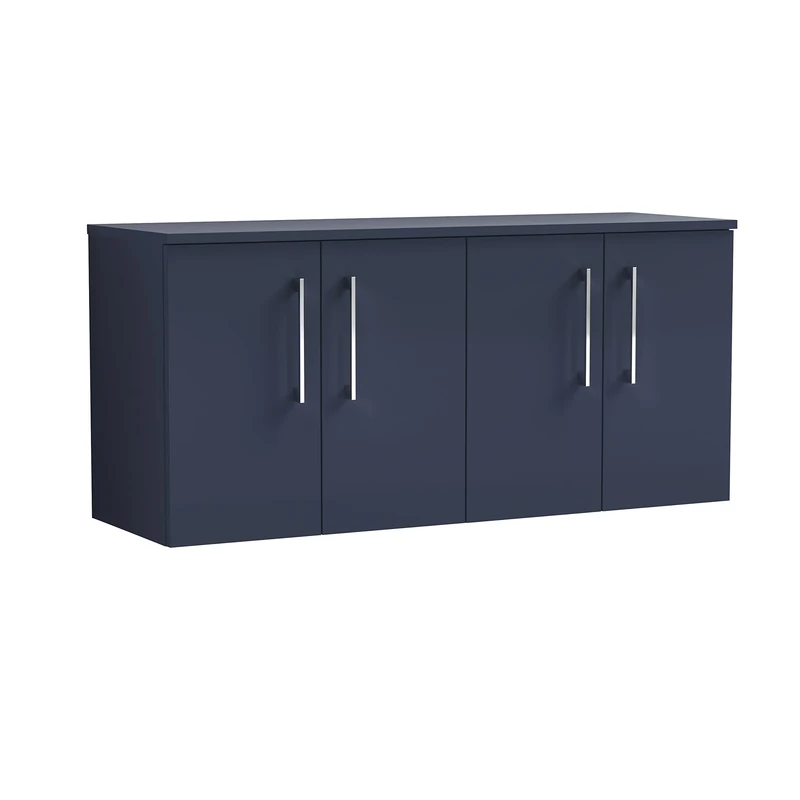 nuie ARN2923W2 Arno Modern Bathroom Wall Hung 4 Soft Close Door Vanity Unit and Colour Coordinating Worktop, 1200mm, Midnight Blue