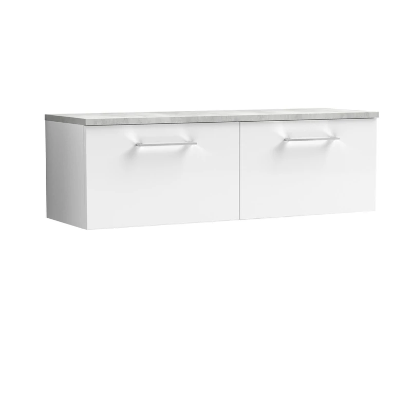 nuie ARN122LBG2 Arno Modern Bathroom Wall Hung 2 Soft Close Drawer Vanity Unit and Bellato Grey Laminate Worktop, 1200mm, Gloss White