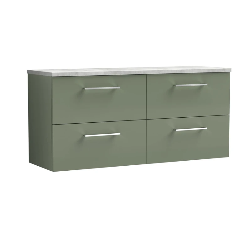 nuie ARN824LBG2 Arno Modern Bathroom Wall Hung 4 Soft Close Drawer Vanity Unit and Bellato Grey Laminate Worktop, 1200mm, Satin Green