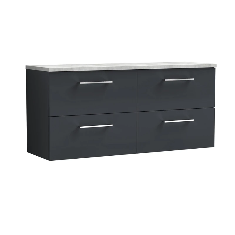 nuie ARN1424LBG2 Arno Modern Bathroom Wall Hung 4 Close Drawer Vanity Unit and Bellato Grey Laminate Worktop, 1200mm, Soft Black