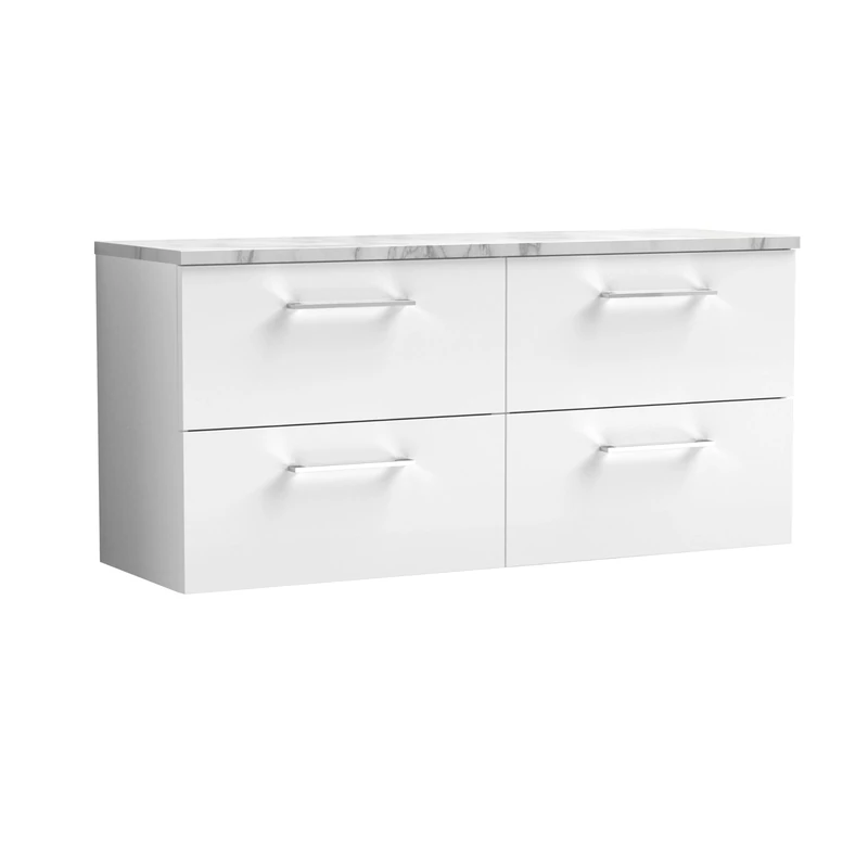 nuie ARN124LCM2 Arno Modern Bathroom Wall Hung 4 Soft Close Drawer Vanity Unit and Carrera Marble Laminate Worktop, 1200mm, Gloss White