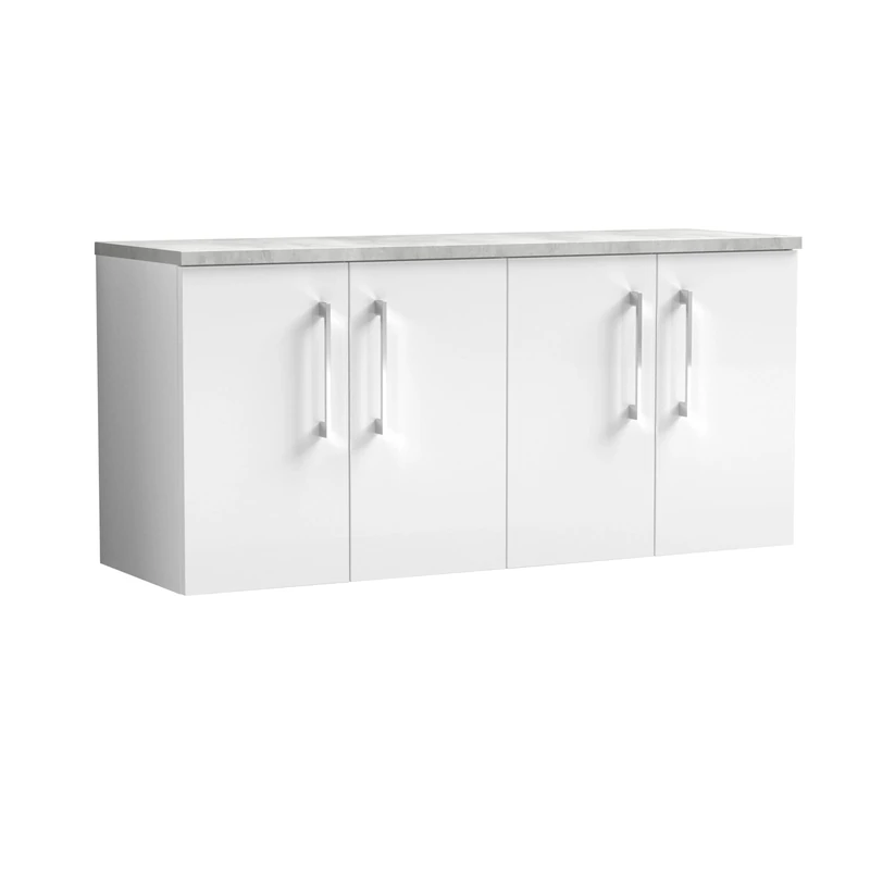 nuie ARN123LBG2 Arno Modern Bathroom Wall Hung 4 Soft Close Door Vanity Unit and Bellato Grey Laminate Worktop, 1200mm, Gloss White