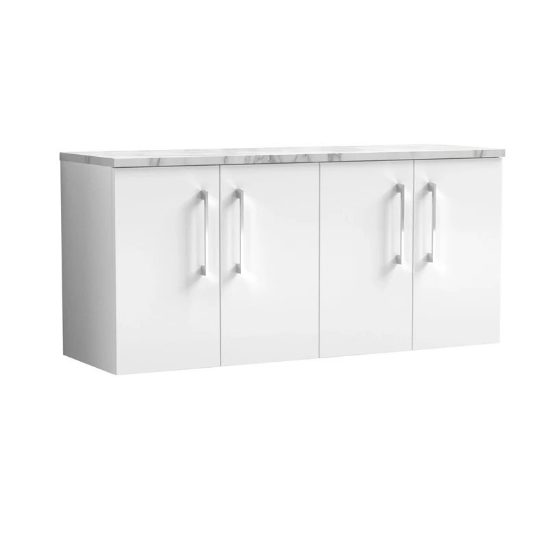 nuie ARN123LCM2 Arno Modern Bathroom Wall Hung 4 Soft Close Door Vanity Unit and Carrera Marble Laminate Worktop, 1200mm, Gloss White