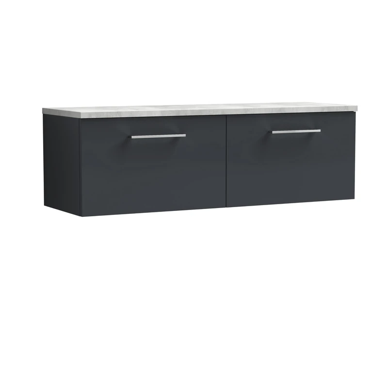 nuie ARN1422LBG2 Arno Modern Bathroom Wall Hung 2 Close Drawer Vanity Unit and Bellato Grey Laminate Worktop, 1200mm, Soft Black