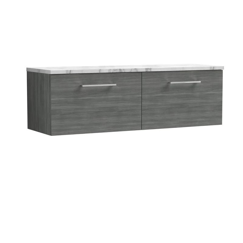 nuie ARN522LCM2 Arno Modern Bathroom Wall Hung 2 Soft Close Drawer Vanity Unit and Carrera Marble Laminate Worktop, 1200mm, Anthracite Woodgrain