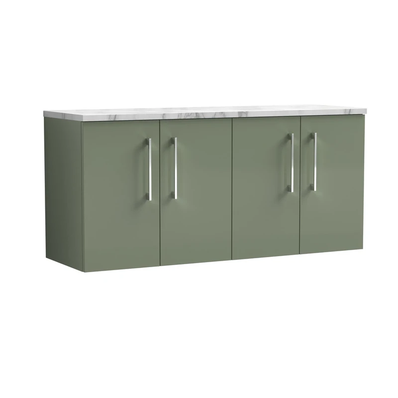 nuie ARN823LCM2 Arno Modern Bathroom Wall Hung 4 Soft Close Door Vanity Unit and Carrera Marble Laminate Worktop, 1200mm, Satin Green
