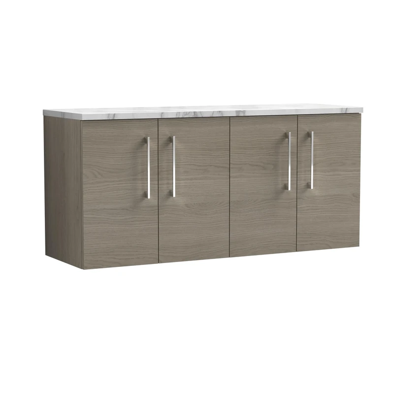 nuie ARN2523LCM2 Arno Modern Bathroom Wall Hung 4 Soft Close Door Vanity Unit and Carrera Marble Laminate Worktop, 1200mm, Solace Oak
