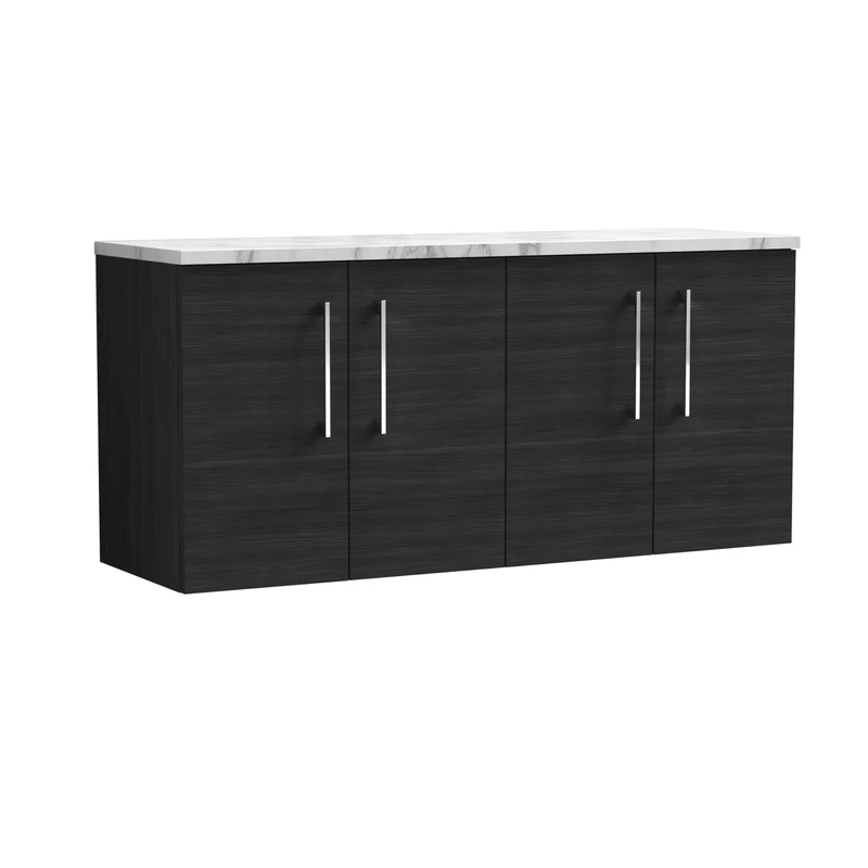 nuie ARN623LCM2 Arno Modern Bathroom Wall Hung 4 Soft Close Door Vanity Unit and Carrera Marble Laminate Worktop, 1200mm, Charcoal Black Woodgrain