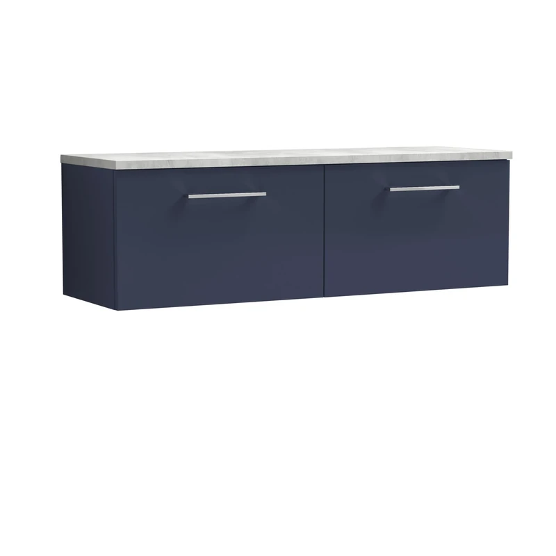 nuie ARN2922LBG2 Arno Modern Bathroom Wall Hung 2 Soft Close Drawer Vanity Unit and Bellato Grey Laminate Worktop, 1200mm, Midnight Blue
