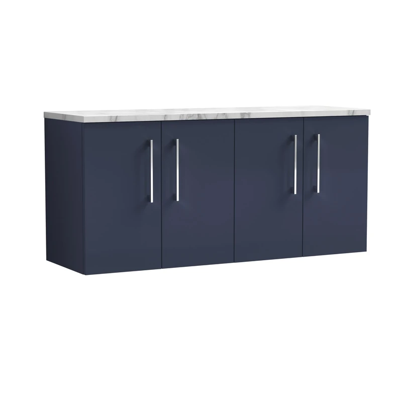 nuie ARN2923LCM2 Arno Modern Bathroom Wall Hung 4 Soft Close Door Vanity Unit and Carrera Marble Laminate Worktop, 1200mm, Midnight Blue
