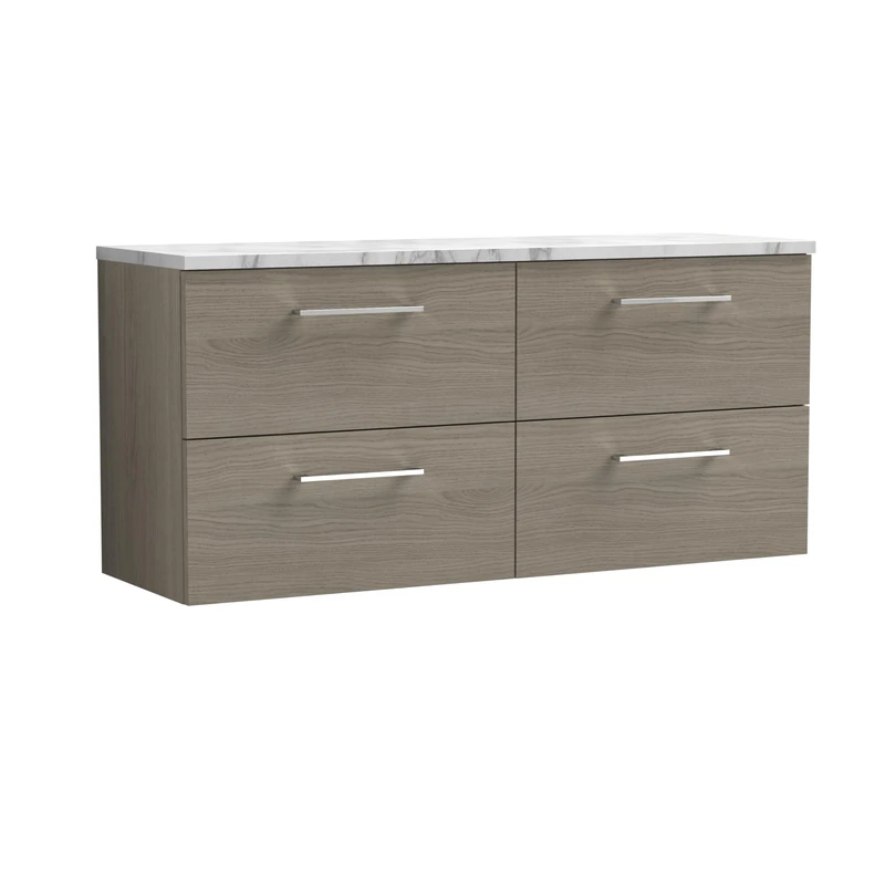 nuie ARN2524LCM2 Arno Modern Bathroom Wall Hung 4 Soft Close Drawer Vanity Unit and Carrera Marble Laminate Worktop, 1200mm, Solace Oak