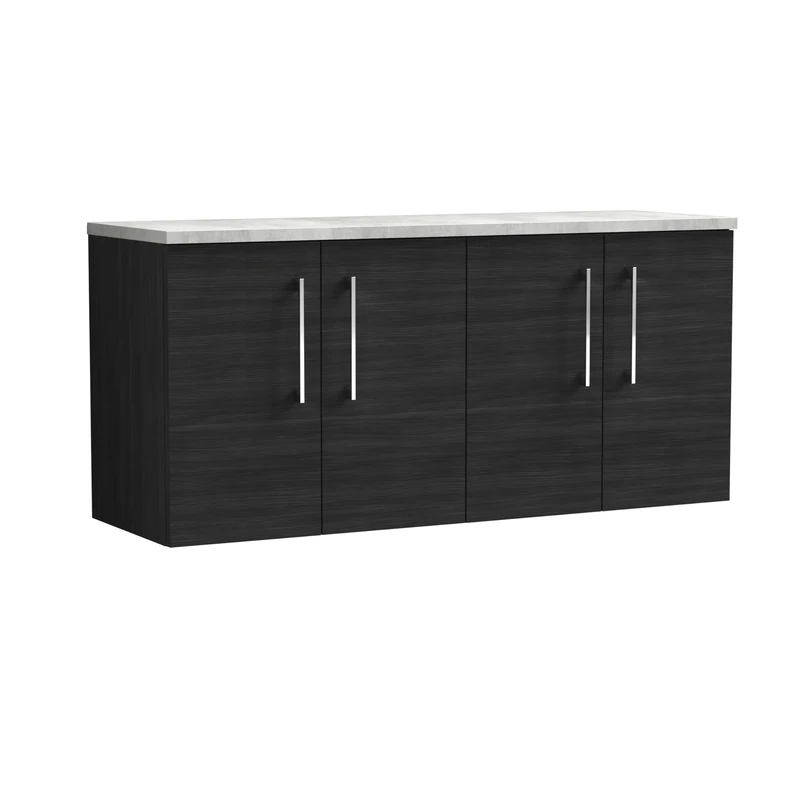 nuie ARN623LBG2 Arno Modern Bathroom Wall Hung 4 Soft Close Door Vanity Unit and Bellato Grey Laminate Worktop, 1200mm, Charcoal Black Woodgrain