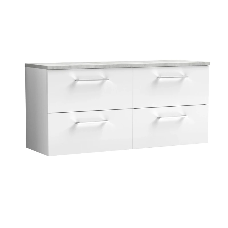 nuie ARN124LBG2 Arno Modern Bathroom Wall Hung 4 Soft Close Drawer Vanity Unit and Bellato Grey Laminate Worktop, 1200mm, Gloss White