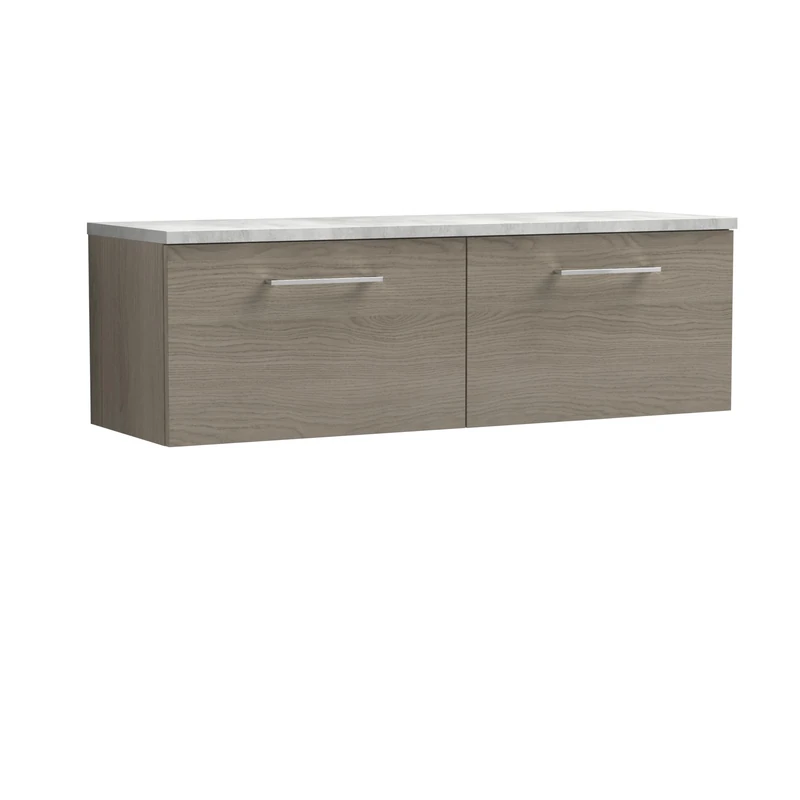nuie ARN2522LBG2 Arno Modern Bathroom Wall Hung 2 Soft Close Drawer Vanity Unit and Bellato Grey Laminate Worktop, 1200mm, Solace Oak