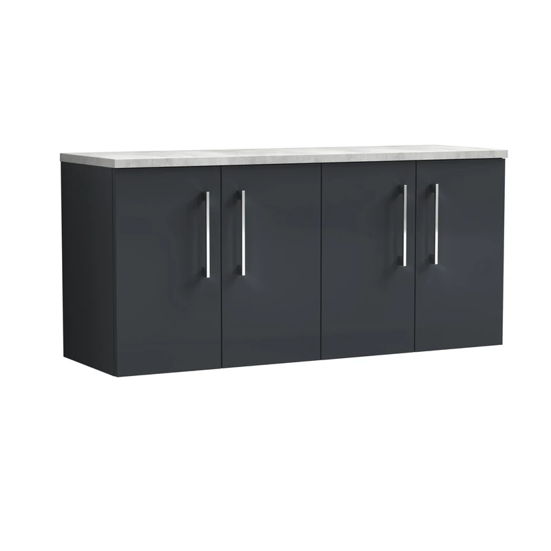 nuie ARN1423LBG2 Arno Modern Bathroom Wall Hung 4 Close Door Vanity Unit and Bellato Grey Laminate Worktop, 1200mm, Soft Black